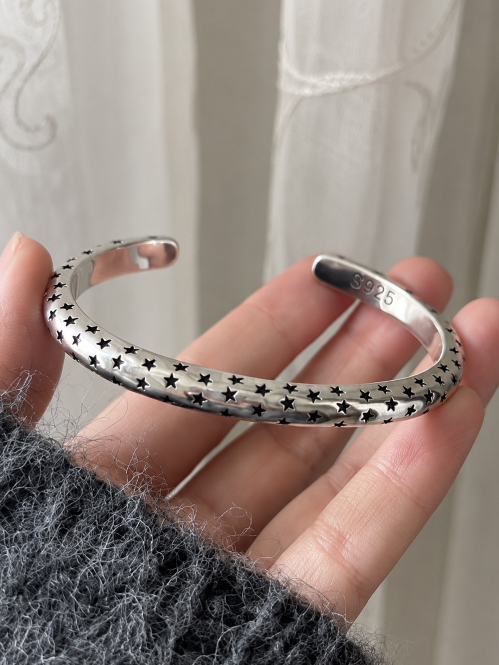 S925 Sterling Silver Star Cuff Bracelet Celestial Open Bangle Boho Jewelry